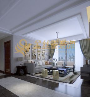 海域天境新中式风格客厅沙发背景墙装饰效果图
