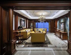 美式复古风格客厅黄色沙发摆放设计图片