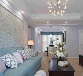 希宝广场美式风格130平客厅沙发背景墙壁纸装修图