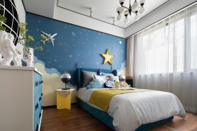 新中式风格家庭卧室蓝色背景墙装饰图赏析