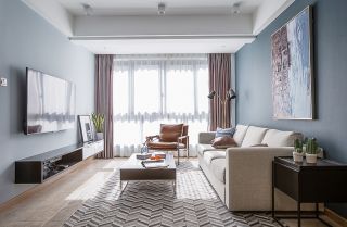 135平欧式风格客厅蓝色背景墙装饰效果图片