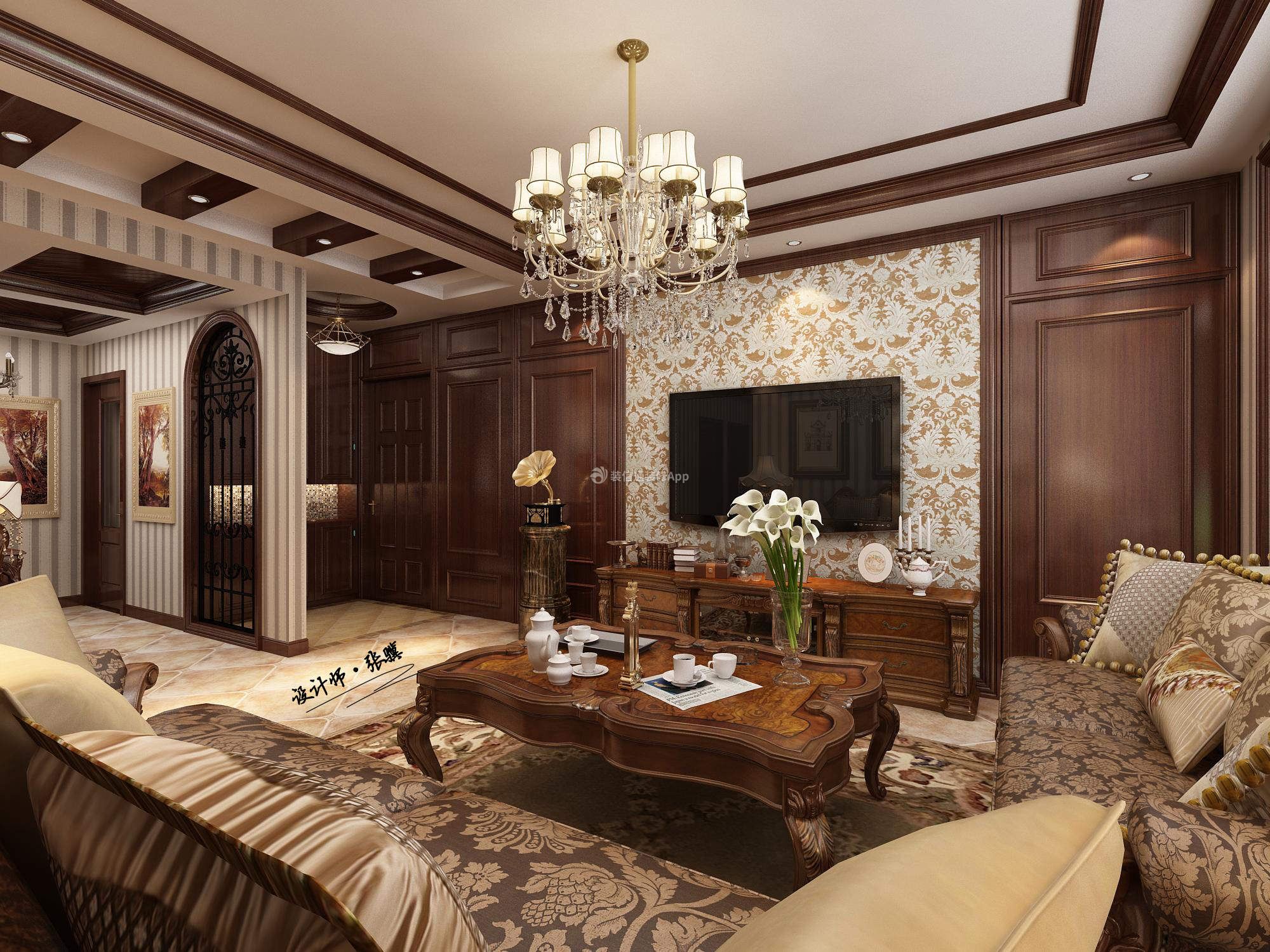 中海城学府美式古典风格房屋客厅茶几造型效果图