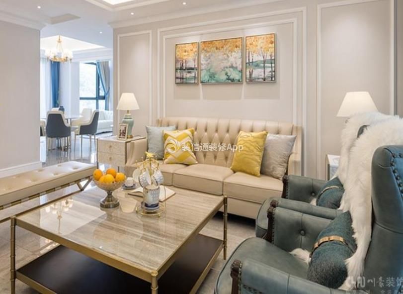 凯德世纪名邸东庭四居142平美式风格客厅沙发背景挂画效果图