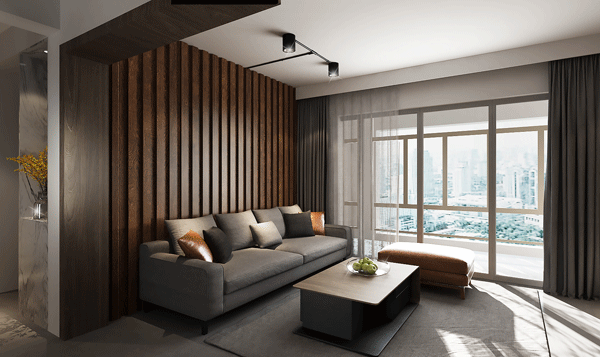 天誉城现代工业风客厅木背景墙设计效果图