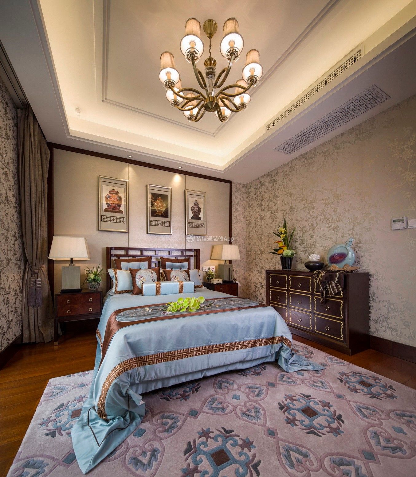 412平中式风格别墅卧室地毯装饰设计大全: