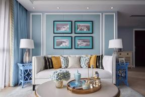 润景园著现代轻奢客厅沙发背景墙蓝色装饰效果图