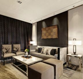 伊泰华府世家新中式风格家庭客厅黑色窗帘图片