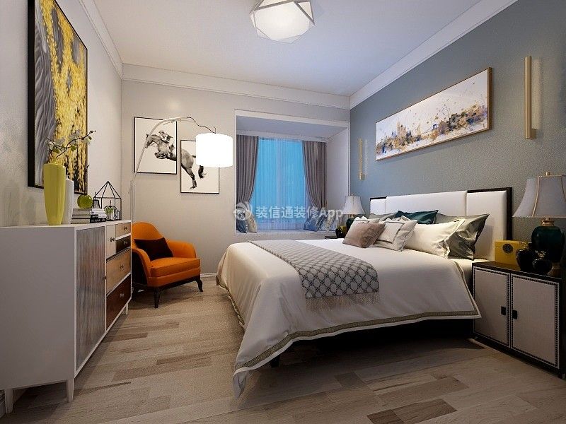 状元府现代风格90平新房卧室木地板设计效果图片