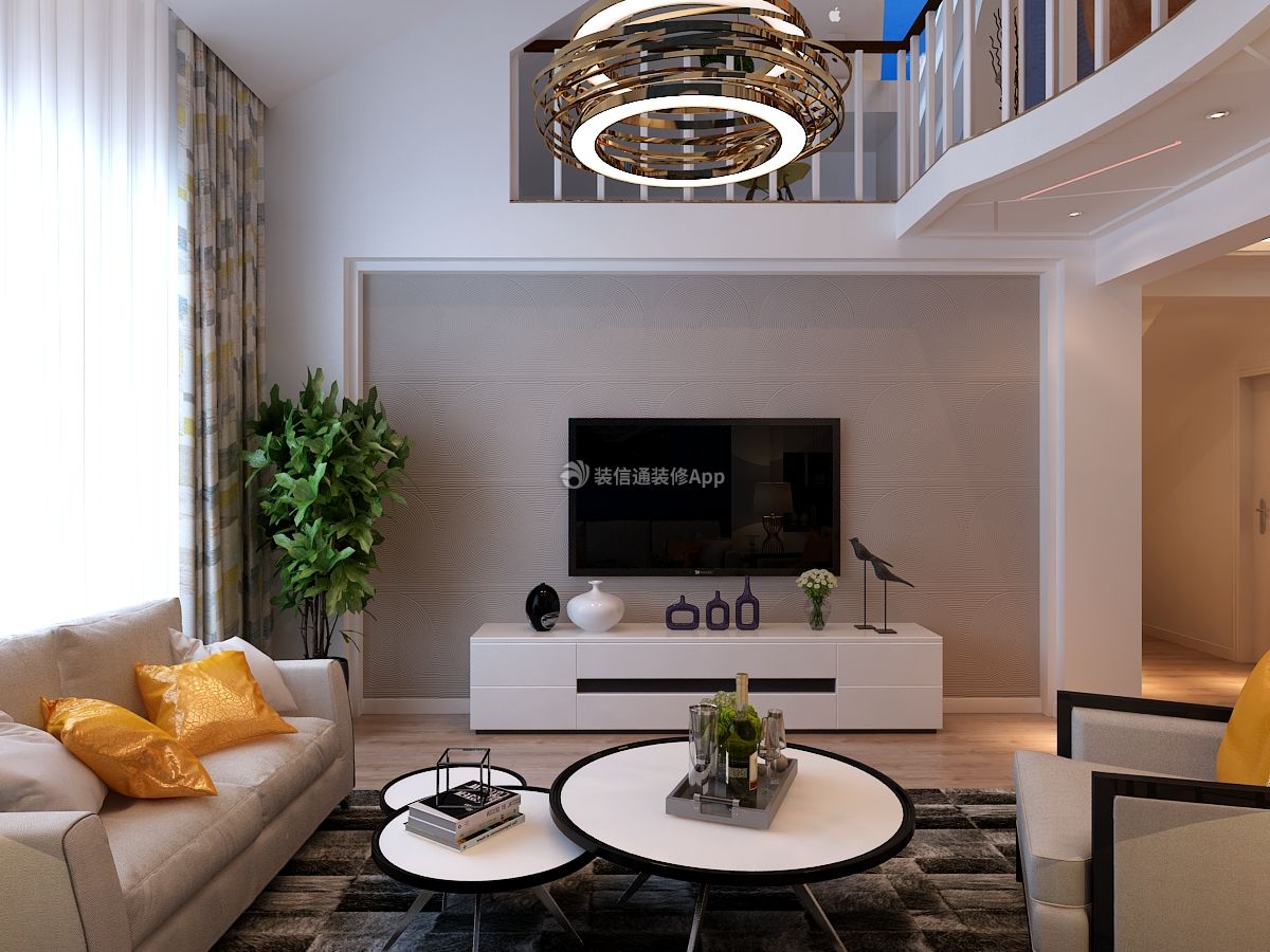 现代风格复式楼客厅白色电视柜设计效果图欣赏