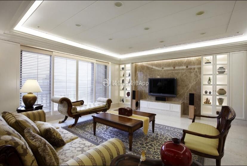 美式风格低调奢华客厅电视墙展示柜家装设计效果图