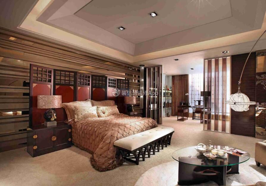 低调奢华古典风格大卧室床头背景屏风装修效果图