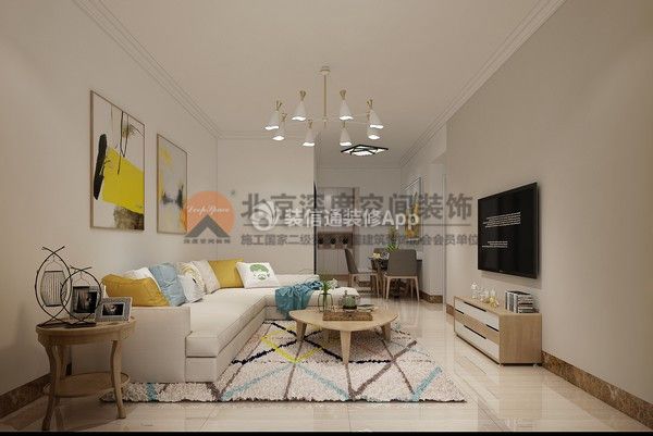 和世新都125平现代风格客厅白色沙发摆放效果图