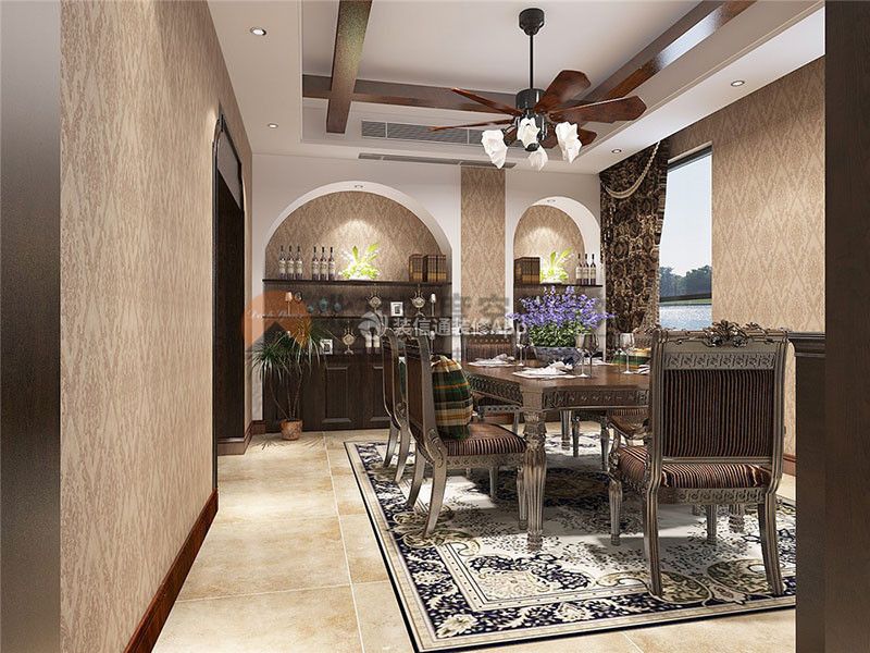 大唐听海103平方美式风格家庭餐厅风扇灯设计效果图片