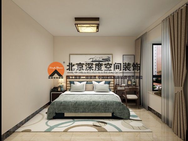 宏瑞新城131平新中式卧室床头背景墙设计效果图片