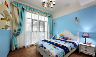 12平儿童房卧室蓝色背景墙壁灯装修效果图片