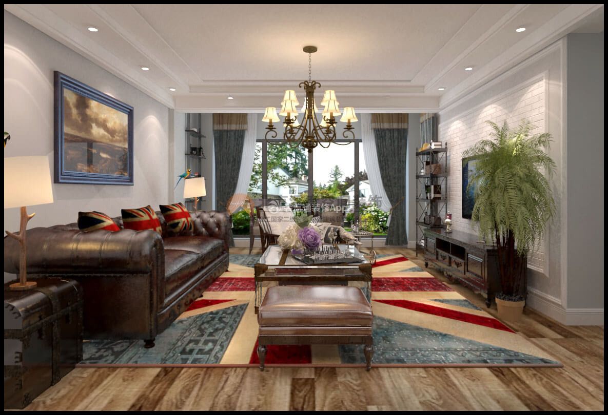 兴进上誉美式风格88平客厅家具沙发摆放效果图片