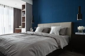 80平简欧风格房屋卧室蓝色背景墙设计图