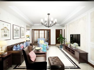 爱达九溪93平美式风格客厅皮质沙发装修效果图片