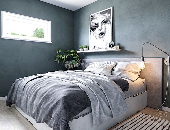 阳光揽胜93平米北欧风格卧室蓝色背景墙设计图片