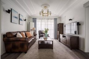 首开琅樾100平美式风格客厅家具皮沙发装修图片