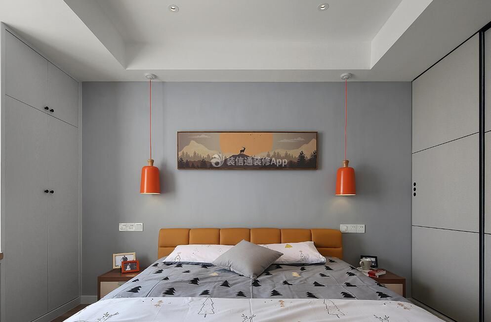 90平小户型三房卧室墙面灰色装修装饰图片