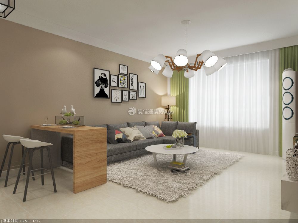 华润橡树湾125平现代风格客厅白色地毯装饰效果图