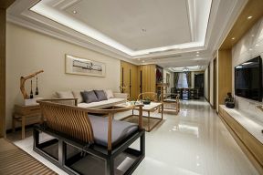 三里花城112平新中式风格客厅家具沙发摆放效果图