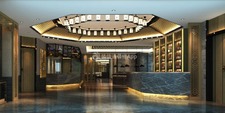 六合茶米香1300㎡现代中式中餐厅前台装修效果图