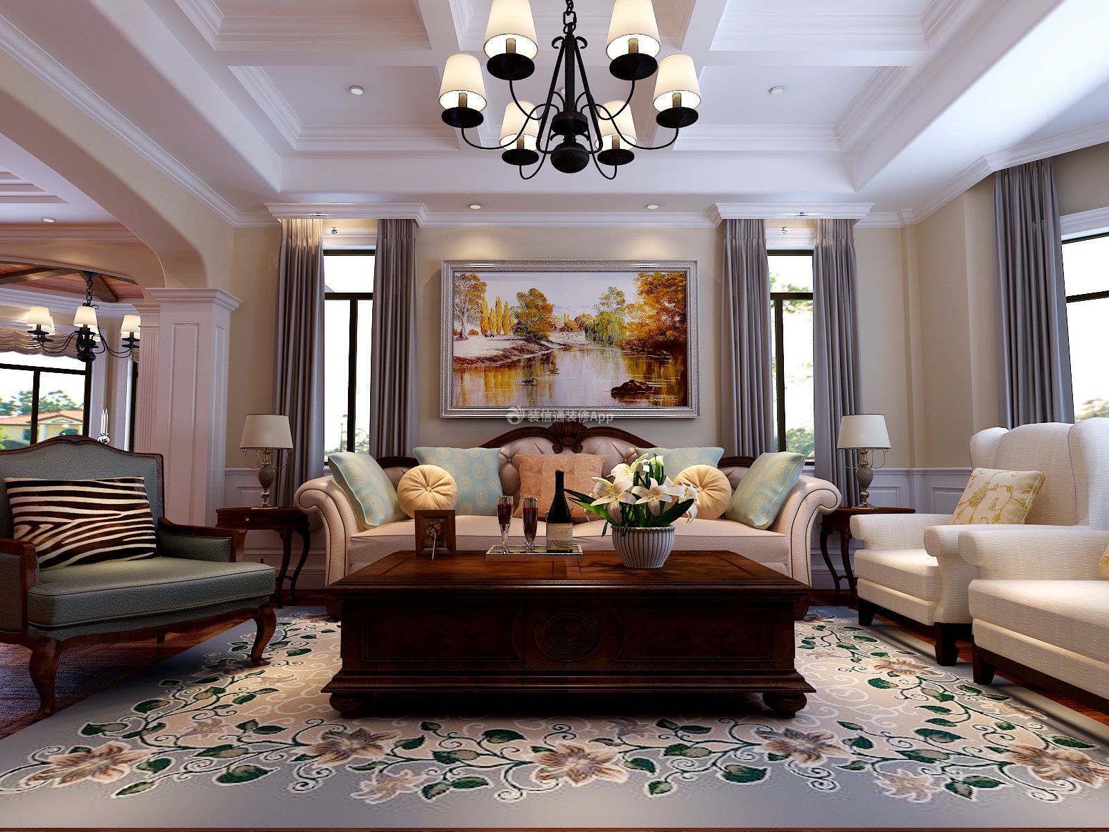 玲珑台220平米美式风格别墅沙发背景墙装修设计效果图