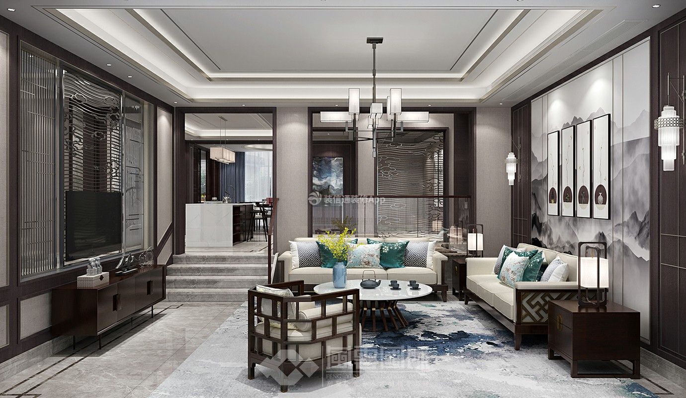 观澜时代470平米新中式别墅客厅装修设计效果图