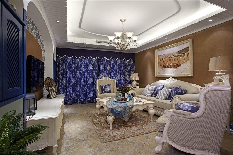 保利锦江里两居98平地中海风格客厅沙发背景墙效果图