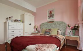 保利锦江里两居87平地中海风格粉色卧室背景墙设计效果图