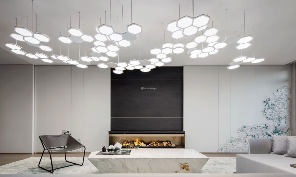 恒大帝景121平现代风格客厅创意灯具设计效果图