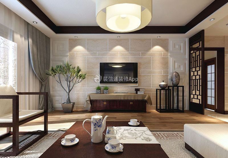中式客厅电视墙装修图 2020现代中式客厅电视背景墙效果图 