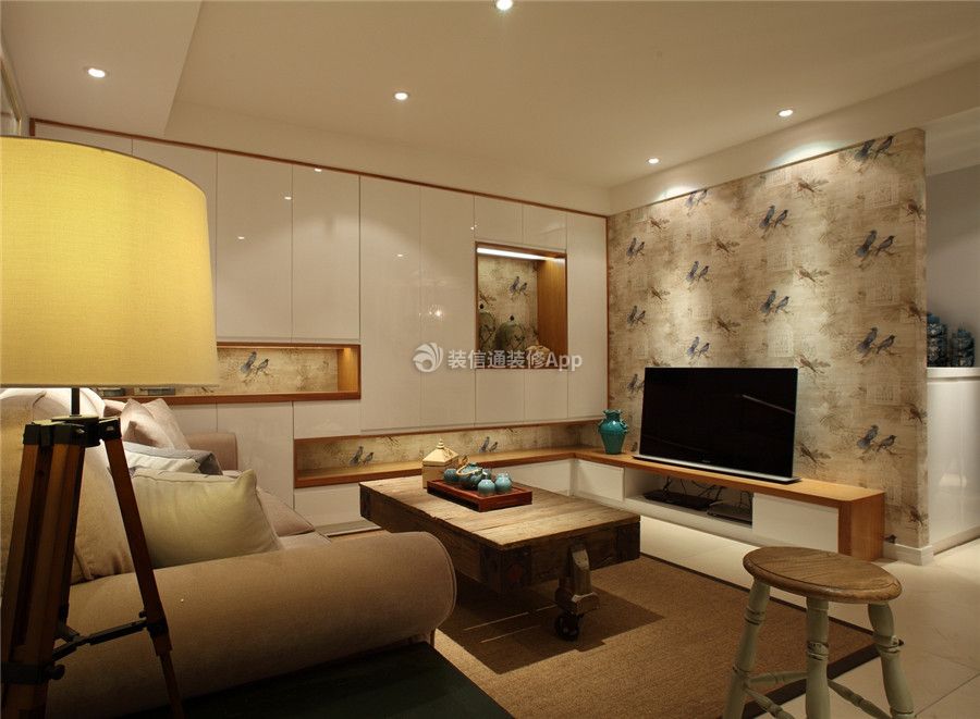 阿玛尼艺术公寓61平小户型美式风格客厅电视隔断墙设计图