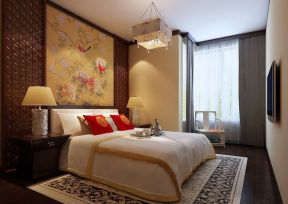 九龙仓御园110平三居中式风格卧室背景墙花鸟壁纸设计图