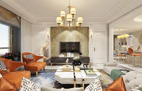 120平美式轻奢风格家庭客厅白色茶几装修设计图片