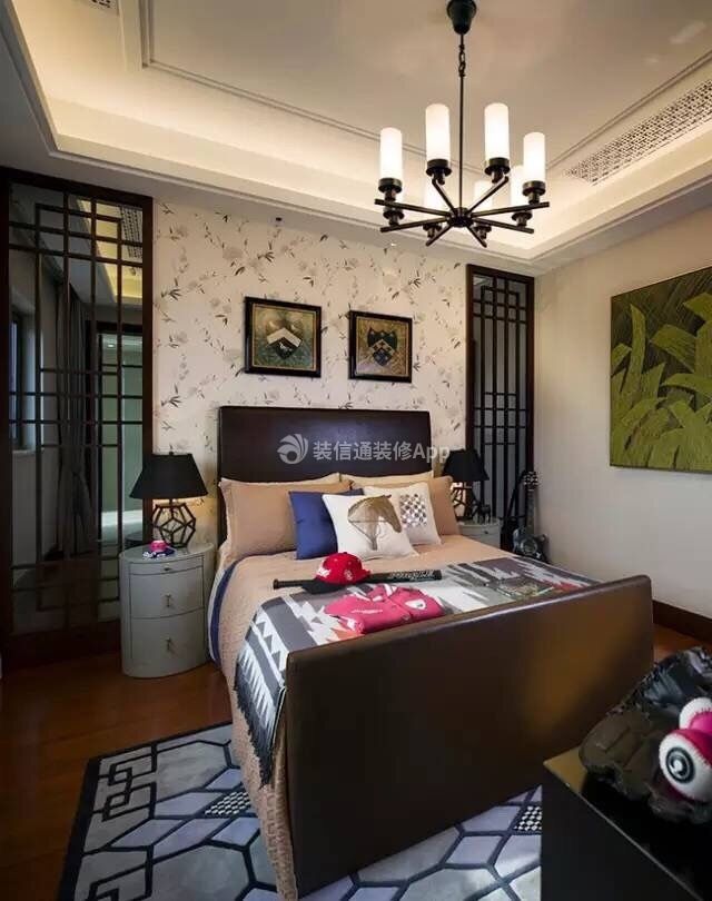 海湖新城125平新中式风格卧室地毯设计效果图片