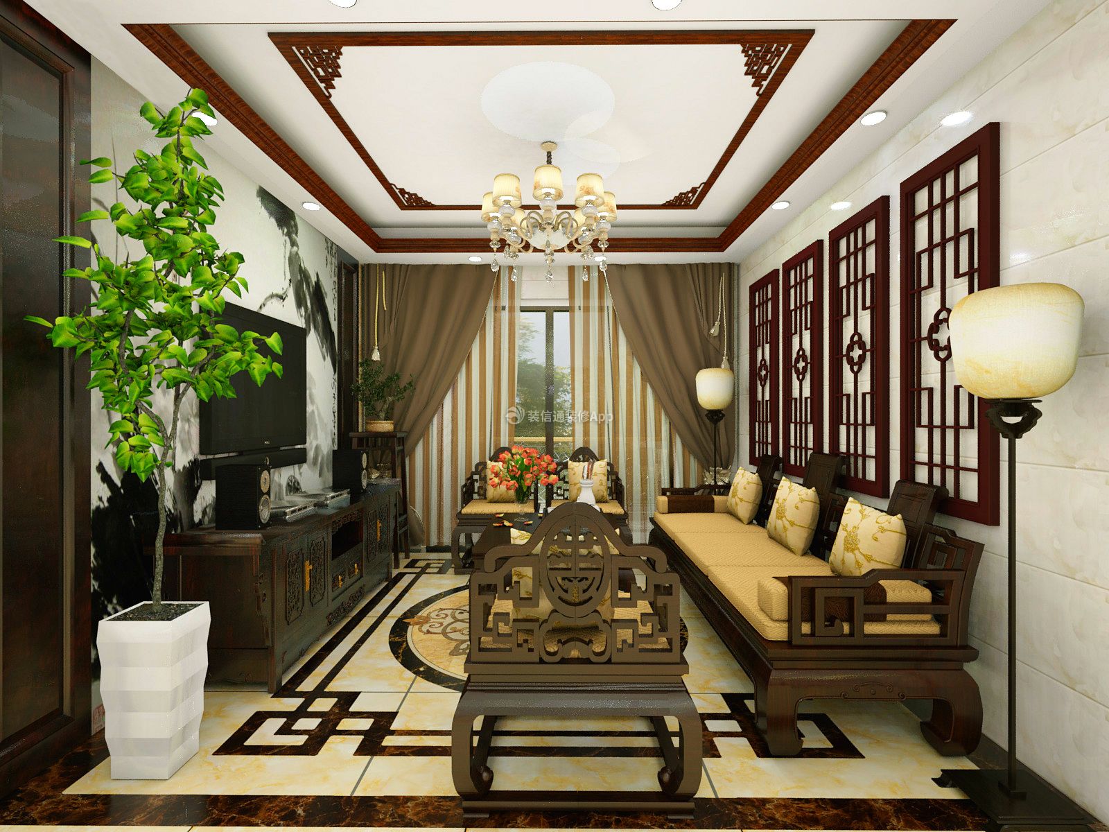 中式风格两居室88平米客厅装修效果图片大全
