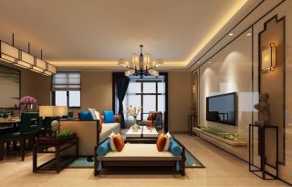 中铁尚城三居127平新中式风格客厅石材电视背景墙设计图
