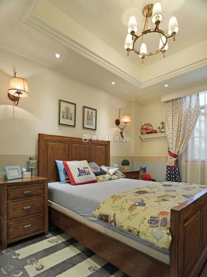小户型美式风格卧室实木床装修设计图片2023