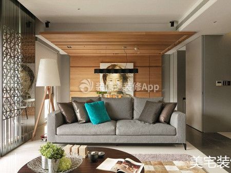 绿地公馆120平米三居室美式风格沙发背景墙装修设计效果屯