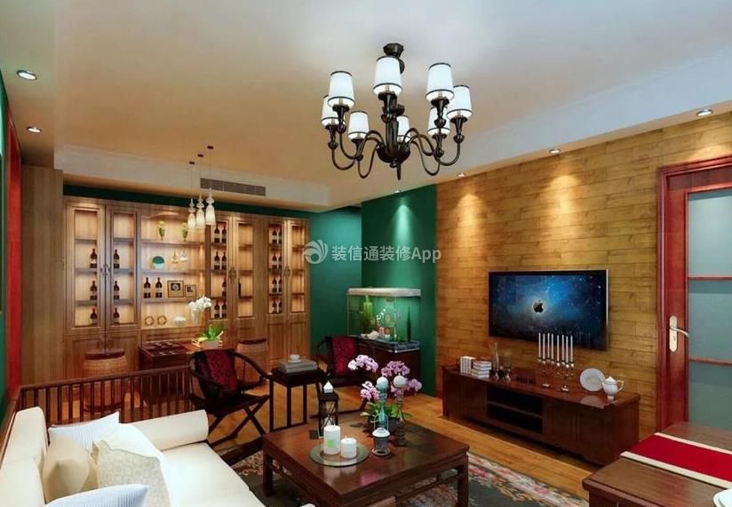 中建悦海和园三居120平美式风格客厅电视背景墙设计图