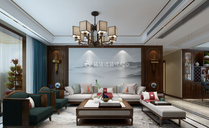 东平佛山盛景169㎡新中式客厅背景墙装修效果图