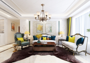 国华新经典三居135平美式风格客厅沙发装修设计效果图