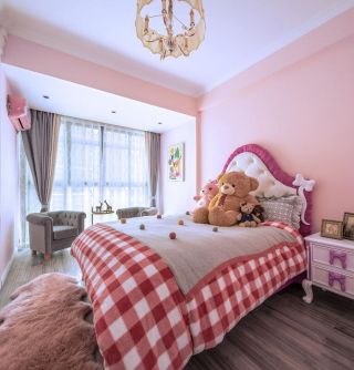 150平米房子儿童卧室粉色背景墙面装饰设计图片