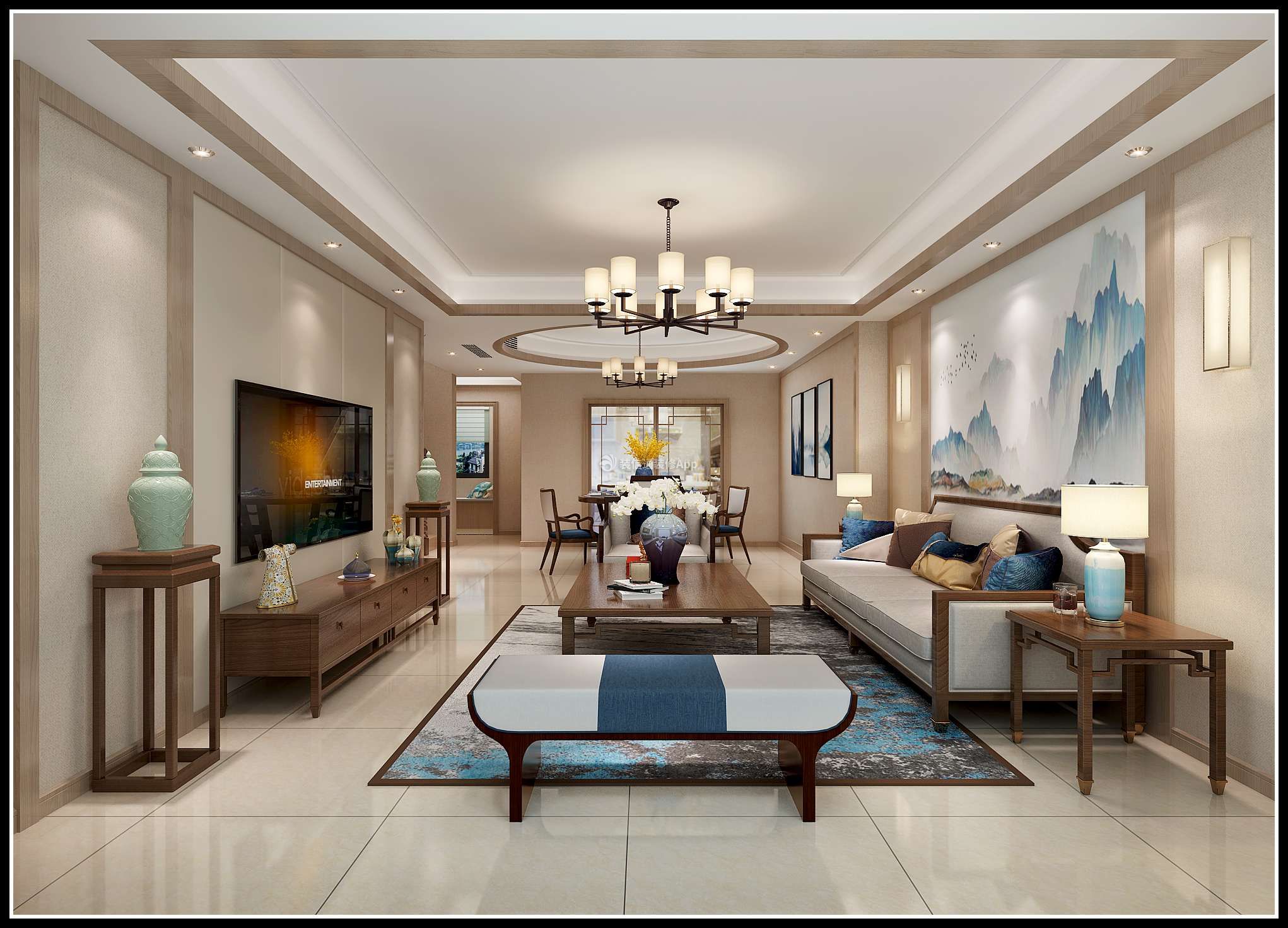  新中式别墅客厅设计 新中式别墅客厅效果图 中式沙发图片