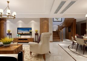 恒通蓝湾国际新中式220平跃层客厅装修案例