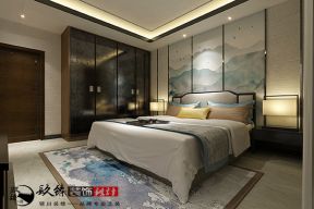 香树花城300平新中式风格别墅卧室床头设计造型图