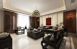 530平新中式风格别墅客厅实木家具装修设计效果图